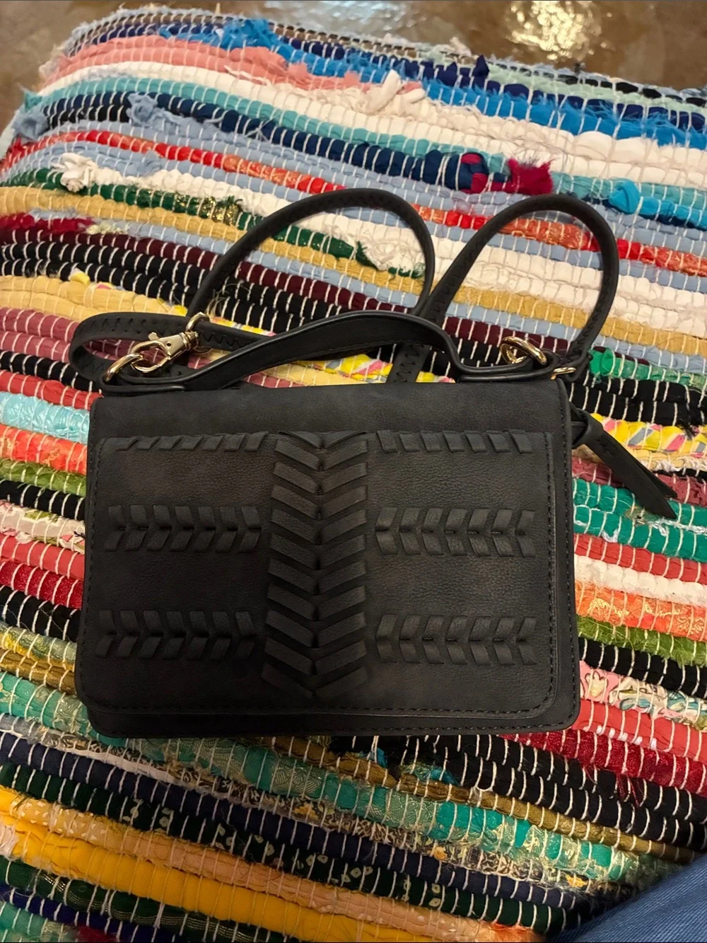Compact Black Woven-Accent Crossbody Bag for Women